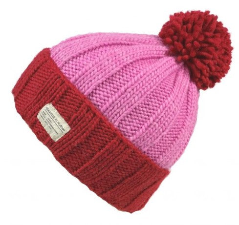 Kusan - Moss Yarn Turn Up Bobble Hat Red Pink